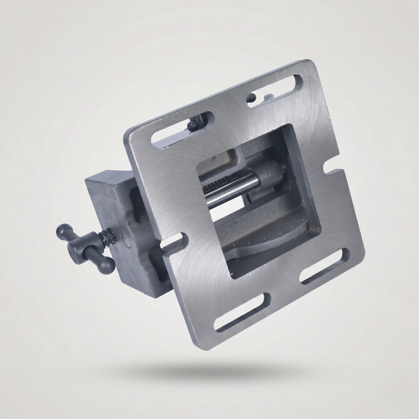 Tilting drill press vise locked at angle with clear 0 to 90 degree protractor scale for repeatable bevel drilling on metal and wood workpieces