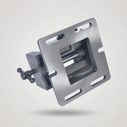 Tilting drill press vise locked at angle with clear 0 to 90 degree protractor scale for repeatable bevel drilling on metal and wood workpieces
