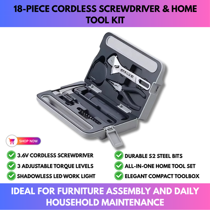 18-Piece Cordless Screwdriver & Home Tool Kit