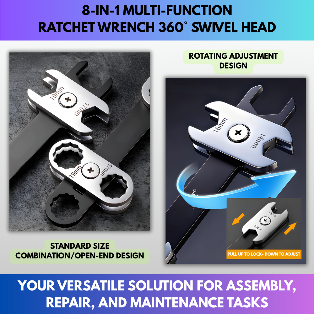 8-in-1 Multi-function Ratchet Wrench 360° Swivel Head