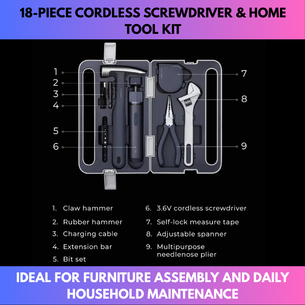 18-Piece Cordless Screwdriver & Home Tool Kit