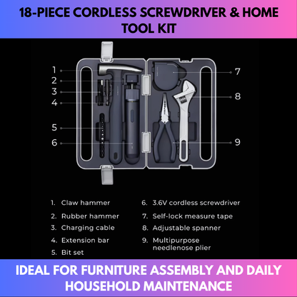 18-Piece Cordless Screwdriver & Home Tool Kit