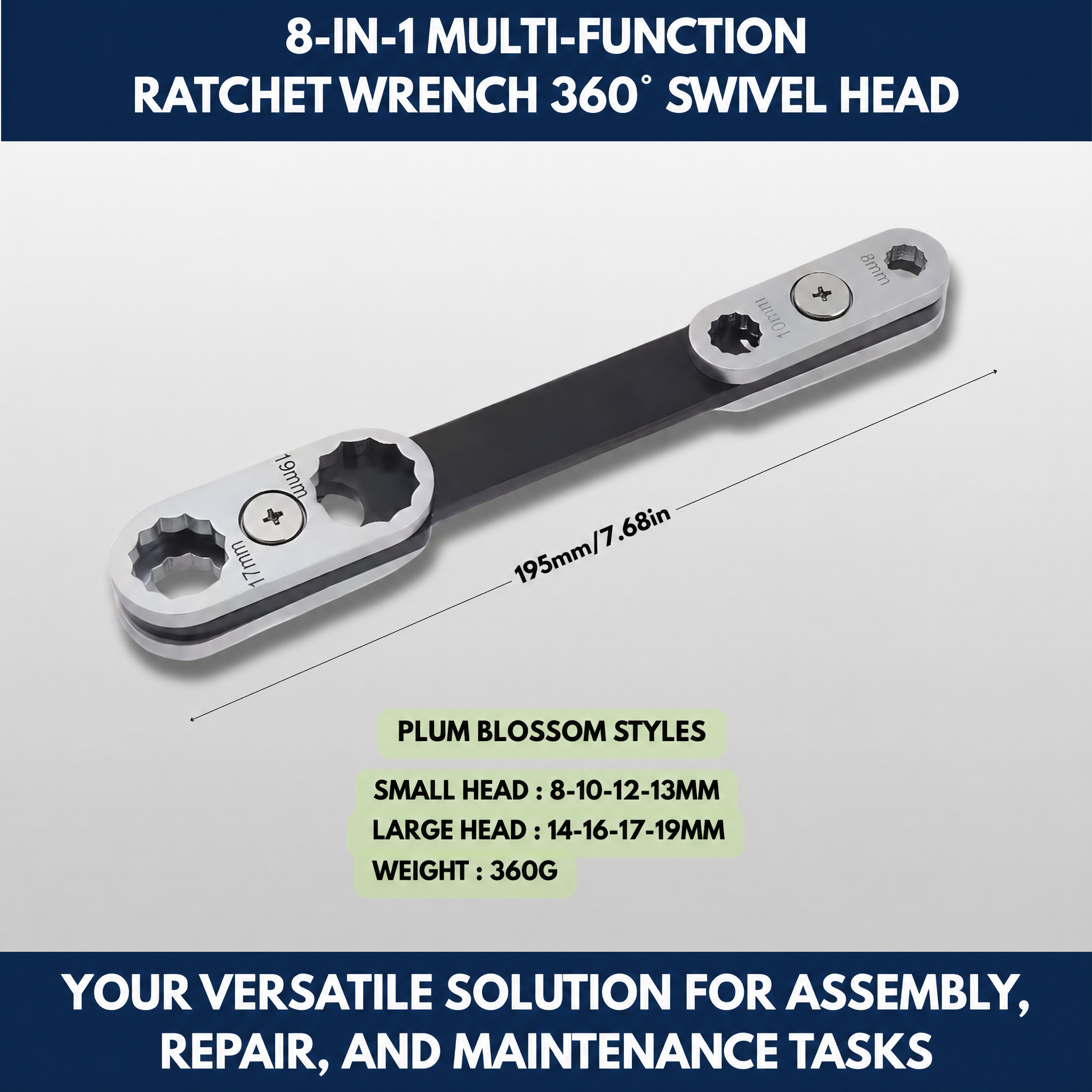 8-in-1 Multi-function Ratchet Wrench 360° Swivel Head