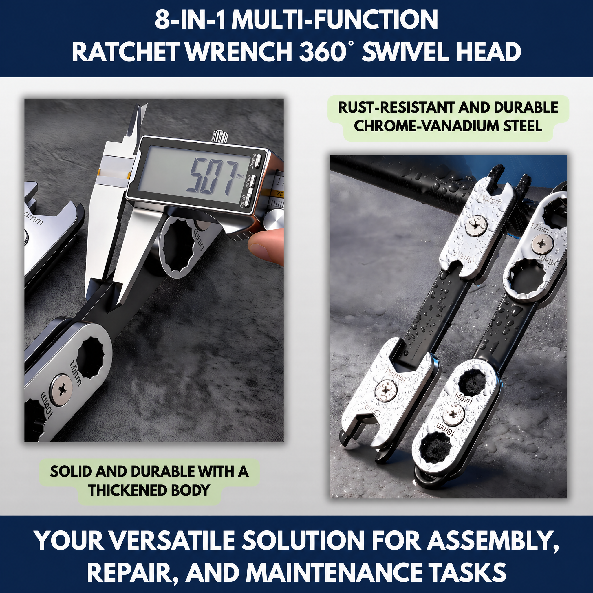 8-in-1 Multi-function Ratchet Wrench 360° Swivel Head