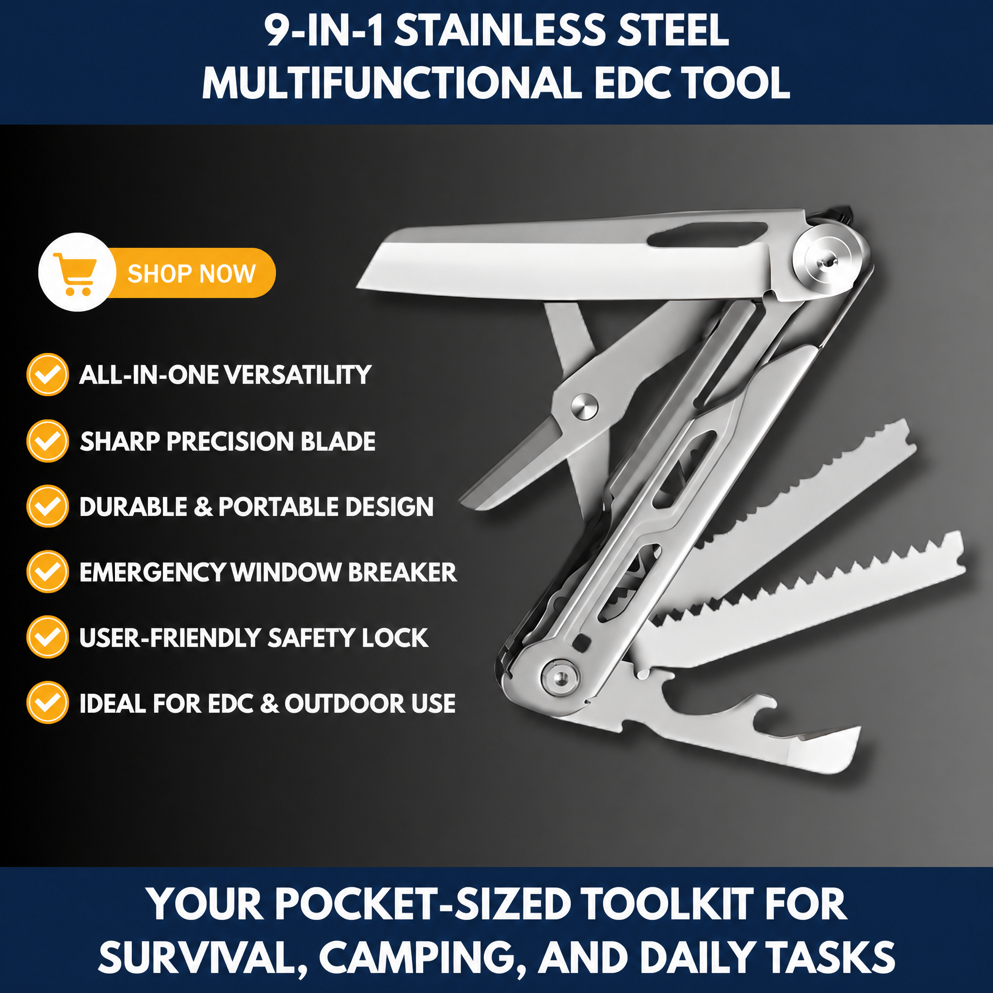 9-in-1 Stainless Steel Multifunctional EDC Tool