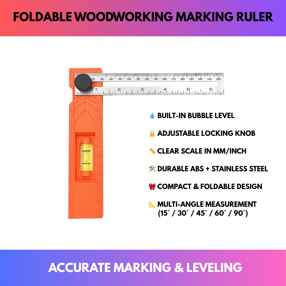 Foldable Woodworking Marking Ruler – Multifunction Measuring Tool – QMT