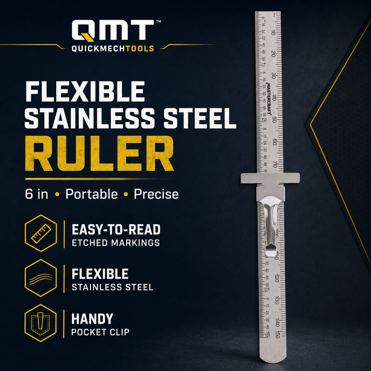 Flexible Stainless Steel Ruler, Easy-to-Read Etched Markings