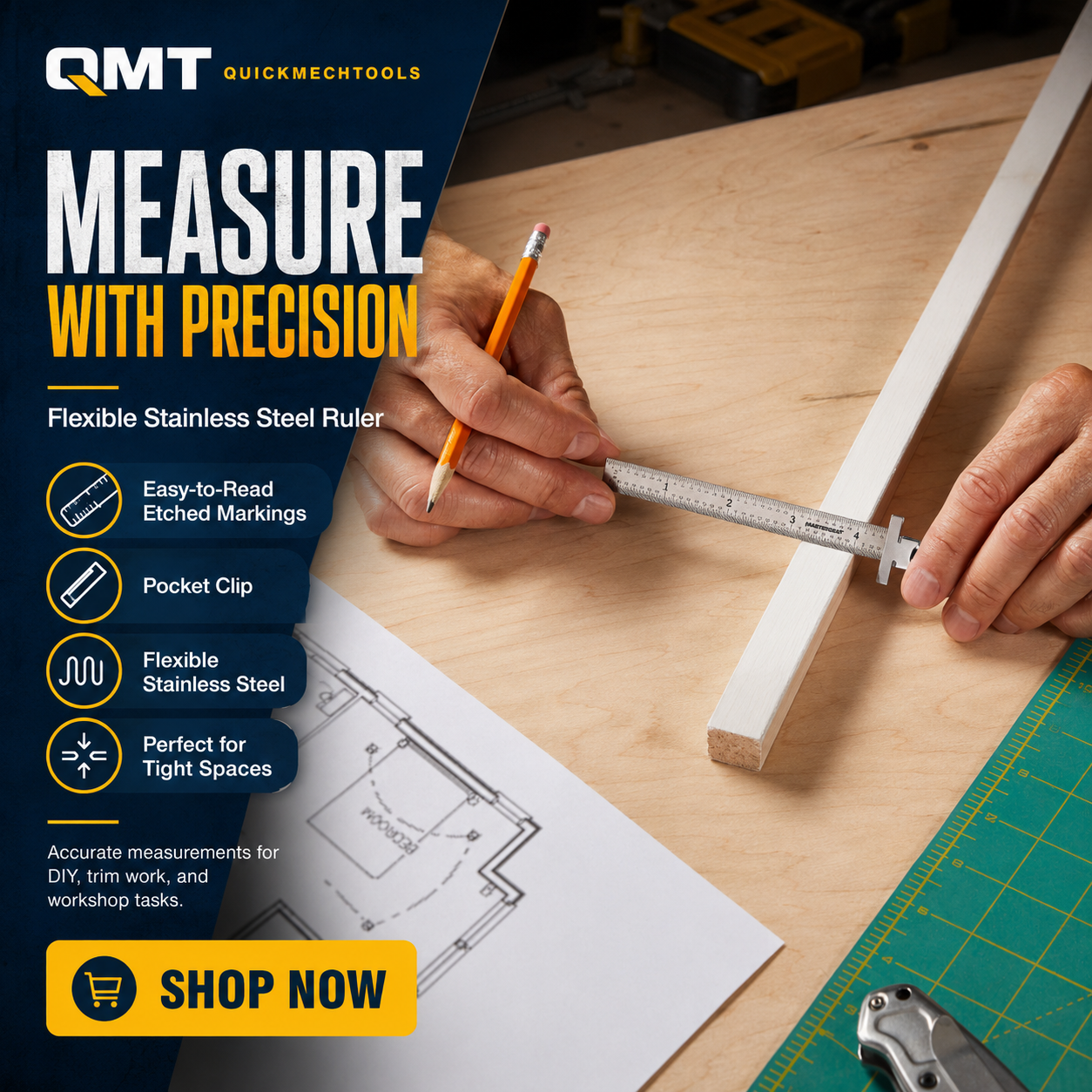Flexible Stainless Steel Ruler, Easy-to-Read Etched Markings