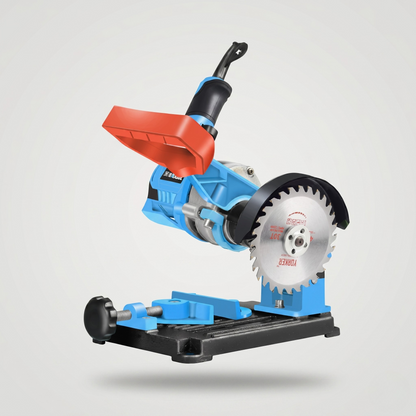 Angle grinder stand with oversized safety shield spring loaded arm and ergonomic red handle
