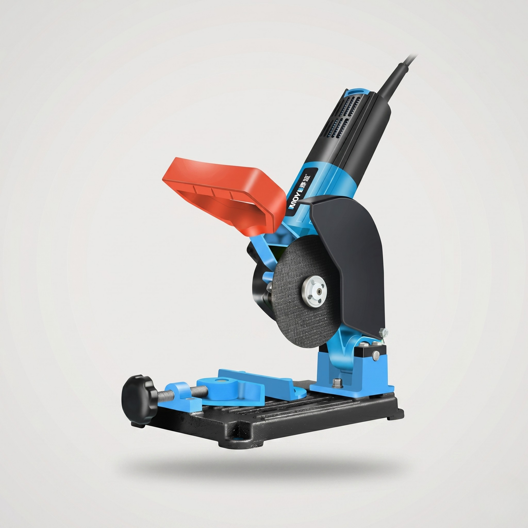 Adjustable angle grinder stand with installed 4-1/2 inch grinder and saw blade in cutting position