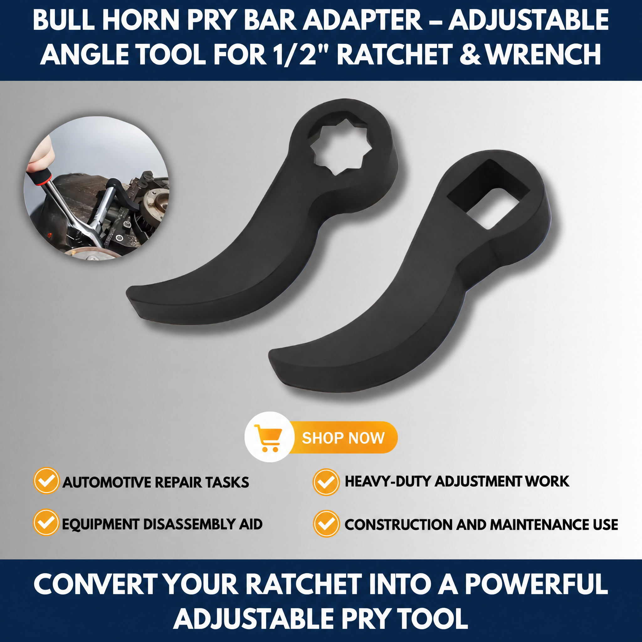 Bull Horn Pry Bar Adapter – Adjustable Angle Tool for 1/2" Ratchet & Wrench