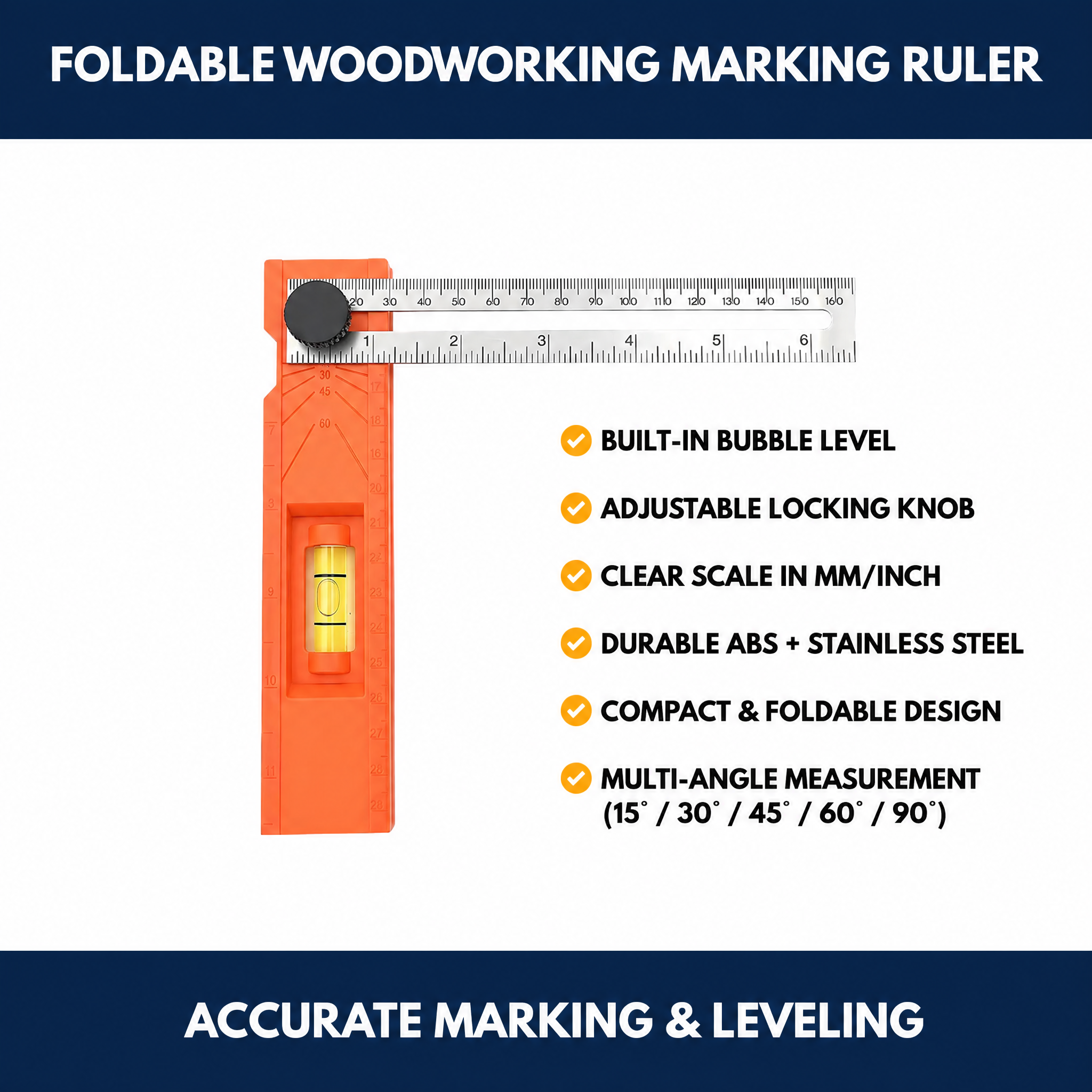 Foldable Woodworking Marking Ruler – Multifunction Measuring Tool