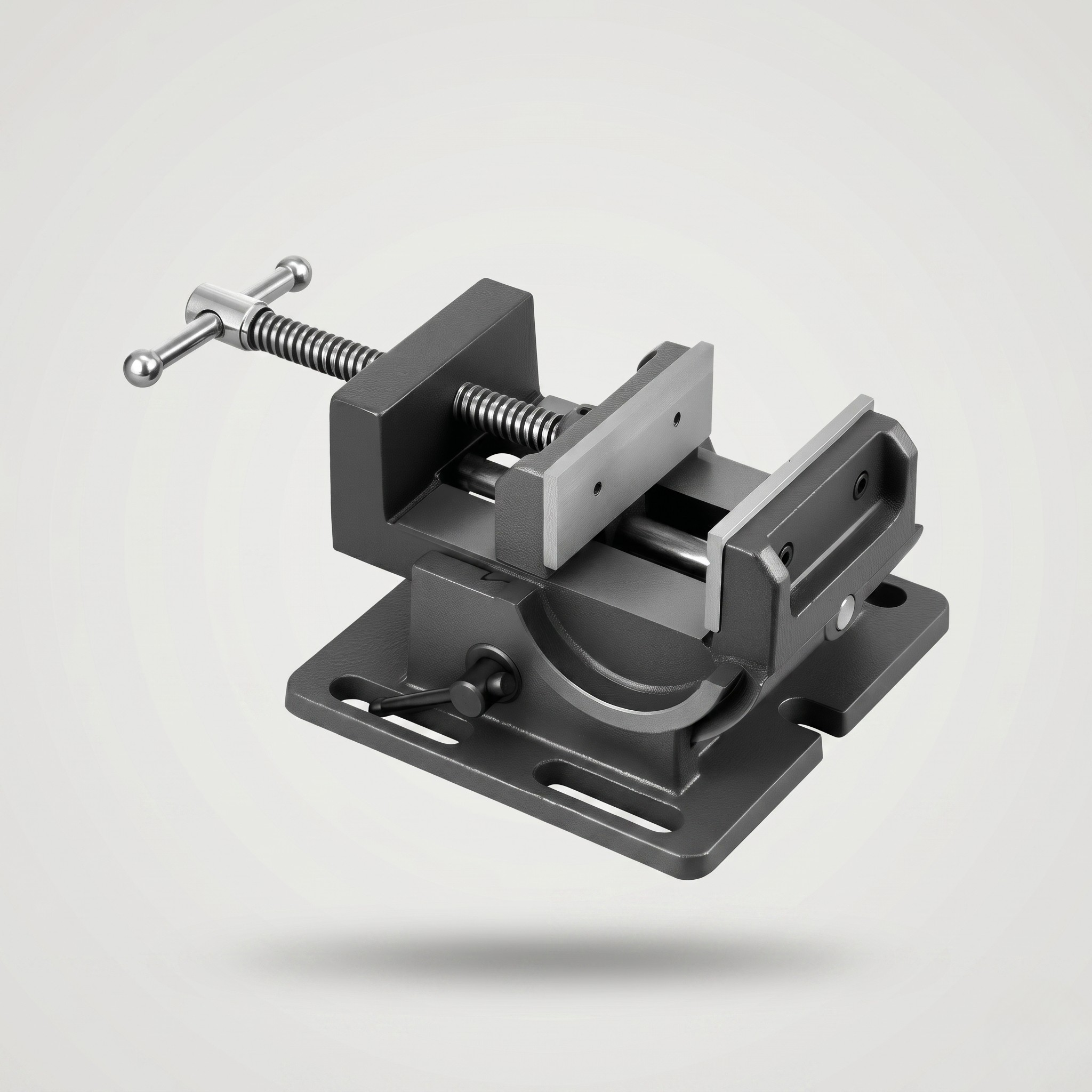 Industrial drill press tilting vise with slotted mounting base, hardened steel jaw plates, and ACME threaded screw for secure workpiece clamping