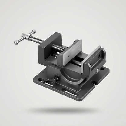 Industrial drill press tilting vise with slotted mounting base, hardened steel jaw plates, and ACME threaded screw for secure workpiece clamping