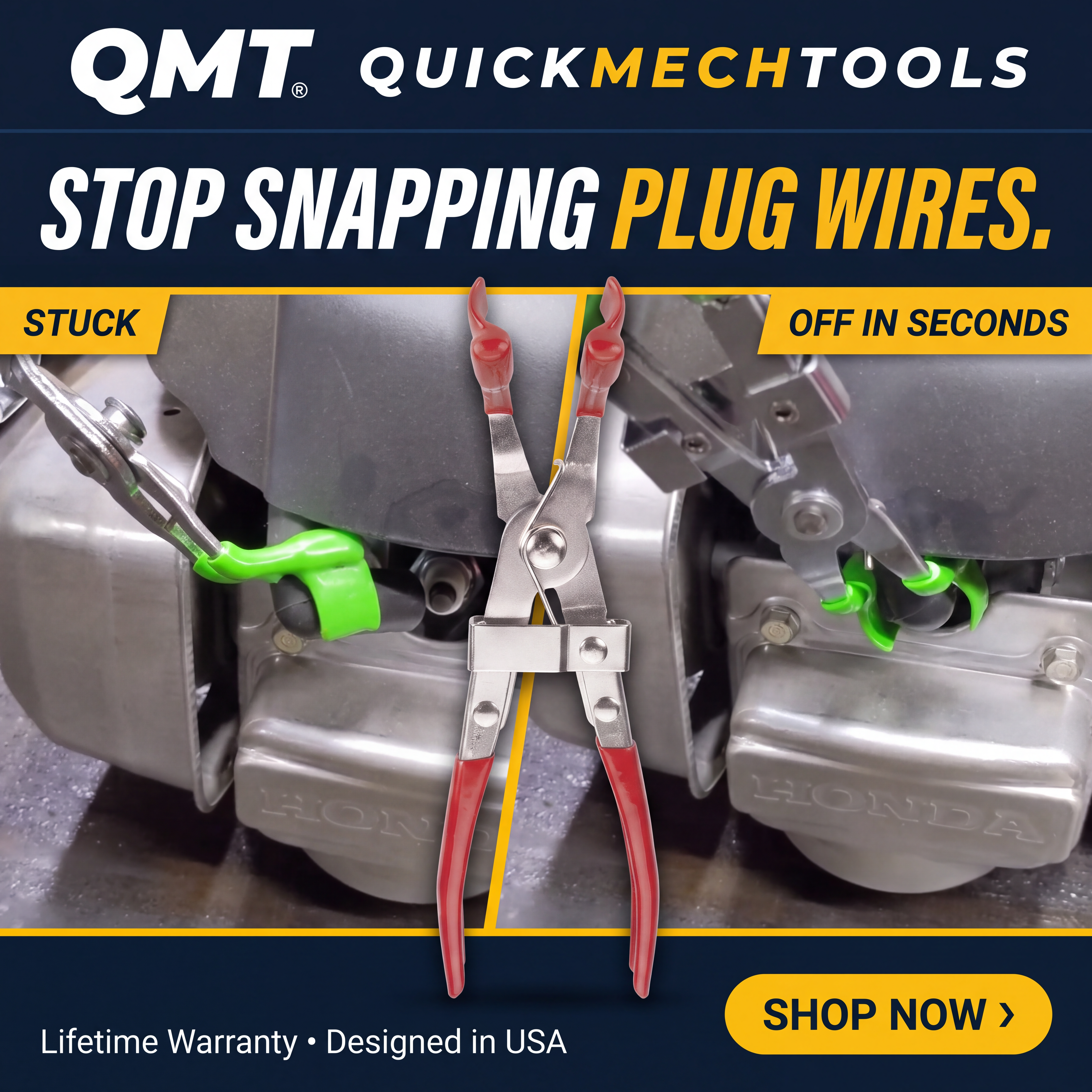 Before and after comparison showing QuickMech pliers removing a stuck spark plug boot from a small engine in seconds