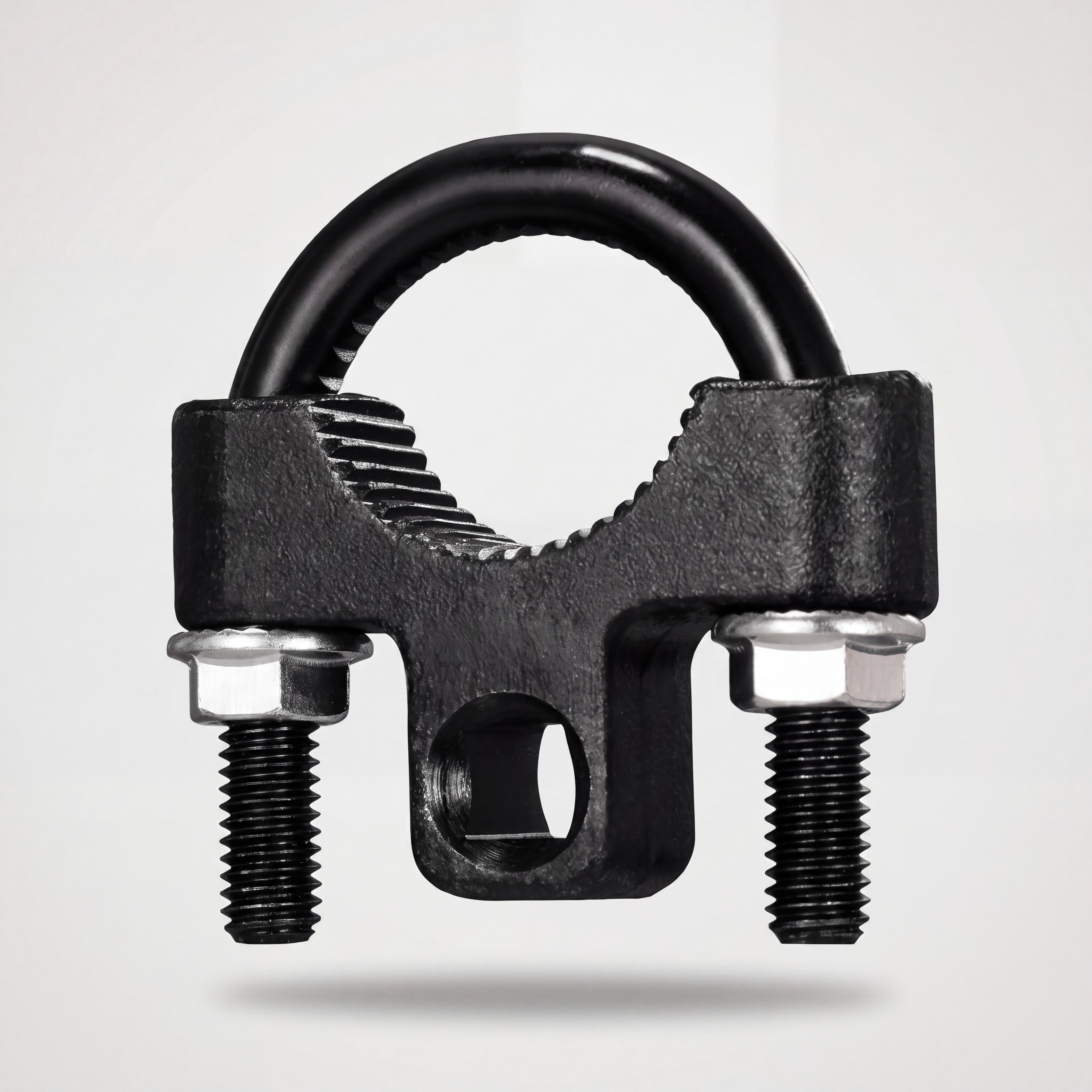 QuickMech inner tie rod removal tool with serrated U-clamp and 3/8 inch drive on gray studio background