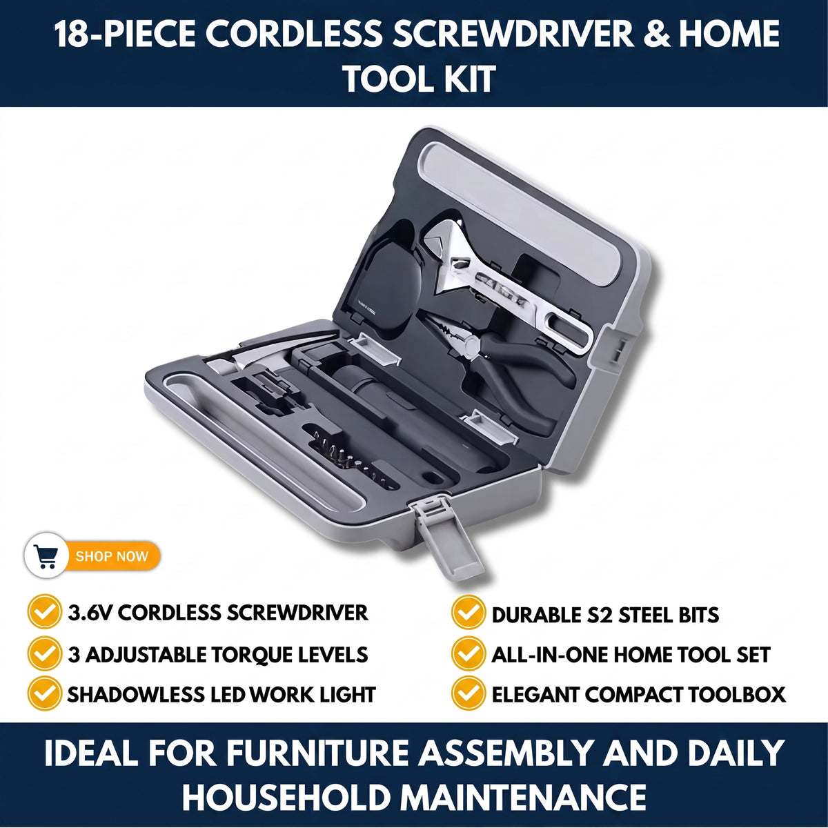 18-Piece Cordless Screwdriver & Home Tool Kit