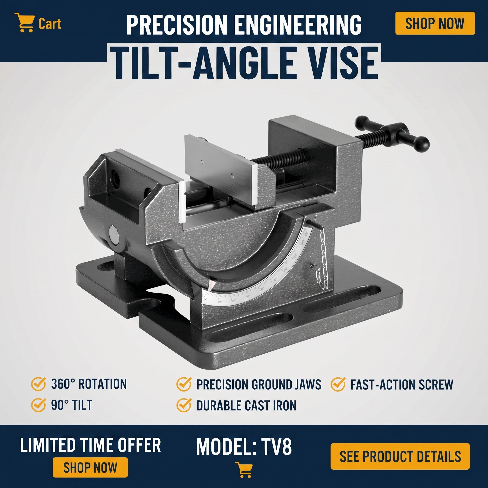 0-90° Tilting Angle Drill Press Vise — Heavy-Duty Cast Iron Bench Clamp with Precision Angle Scale — QMT