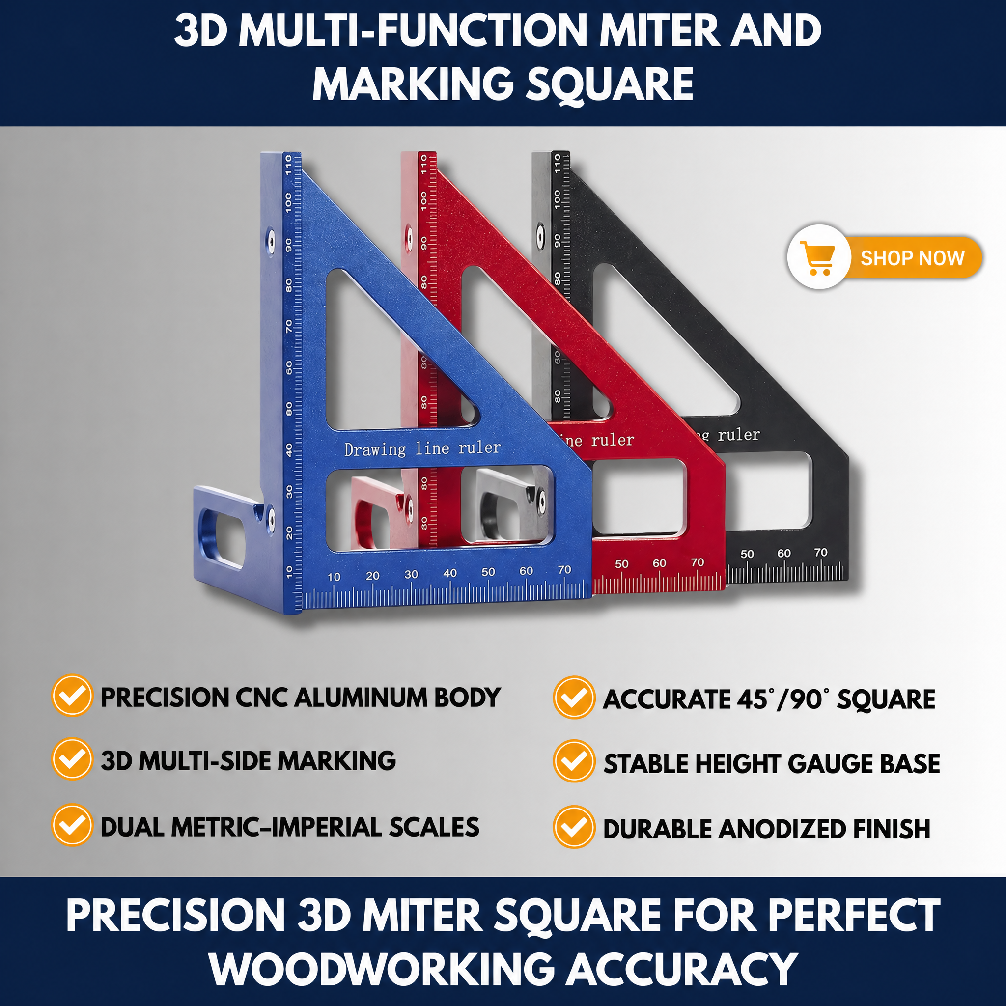 Precision Aluminum Alloy Miter Triangle Ruler – 3D Multifunction Woodworking Square