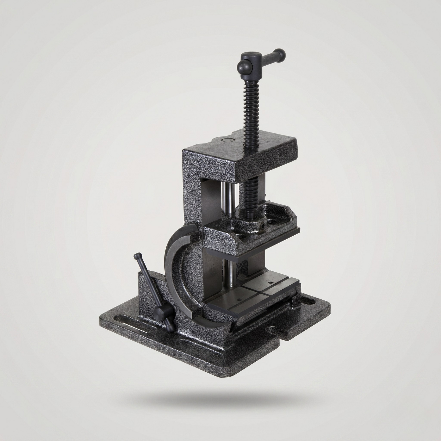 Side profile of 0-90 degree tilting drill press vise demonstrating smooth angle adjustment with locking chain mechanism and laser-etched scale markings