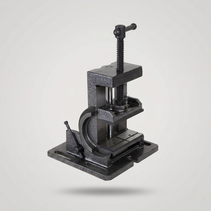 Side profile of 0-90 degree tilting drill press vise demonstrating smooth angle adjustment with locking chain mechanism and laser-etched scale markings