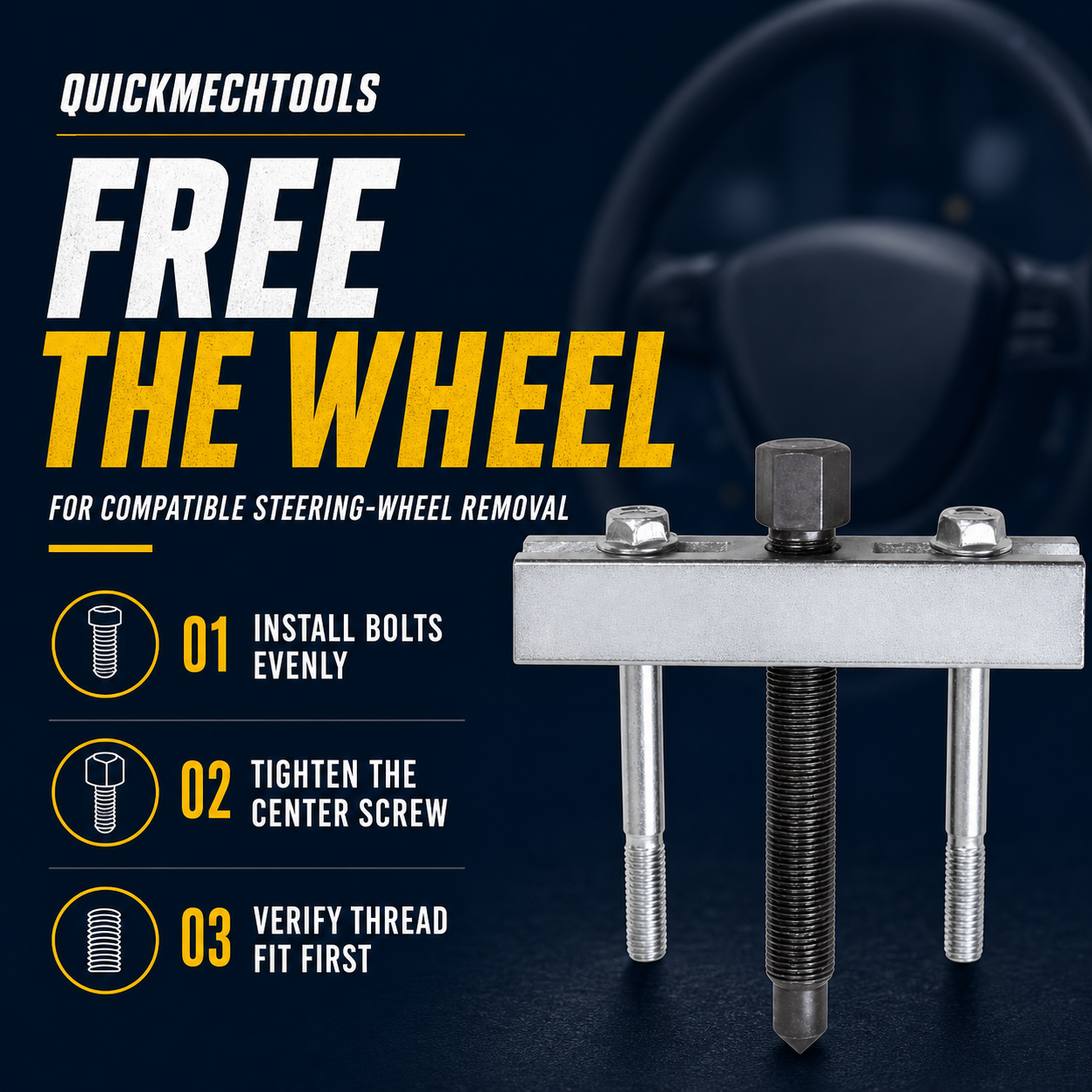 QuickMech puller showing the two-bolt and center-screw setup for compatible steering-wheel removal.