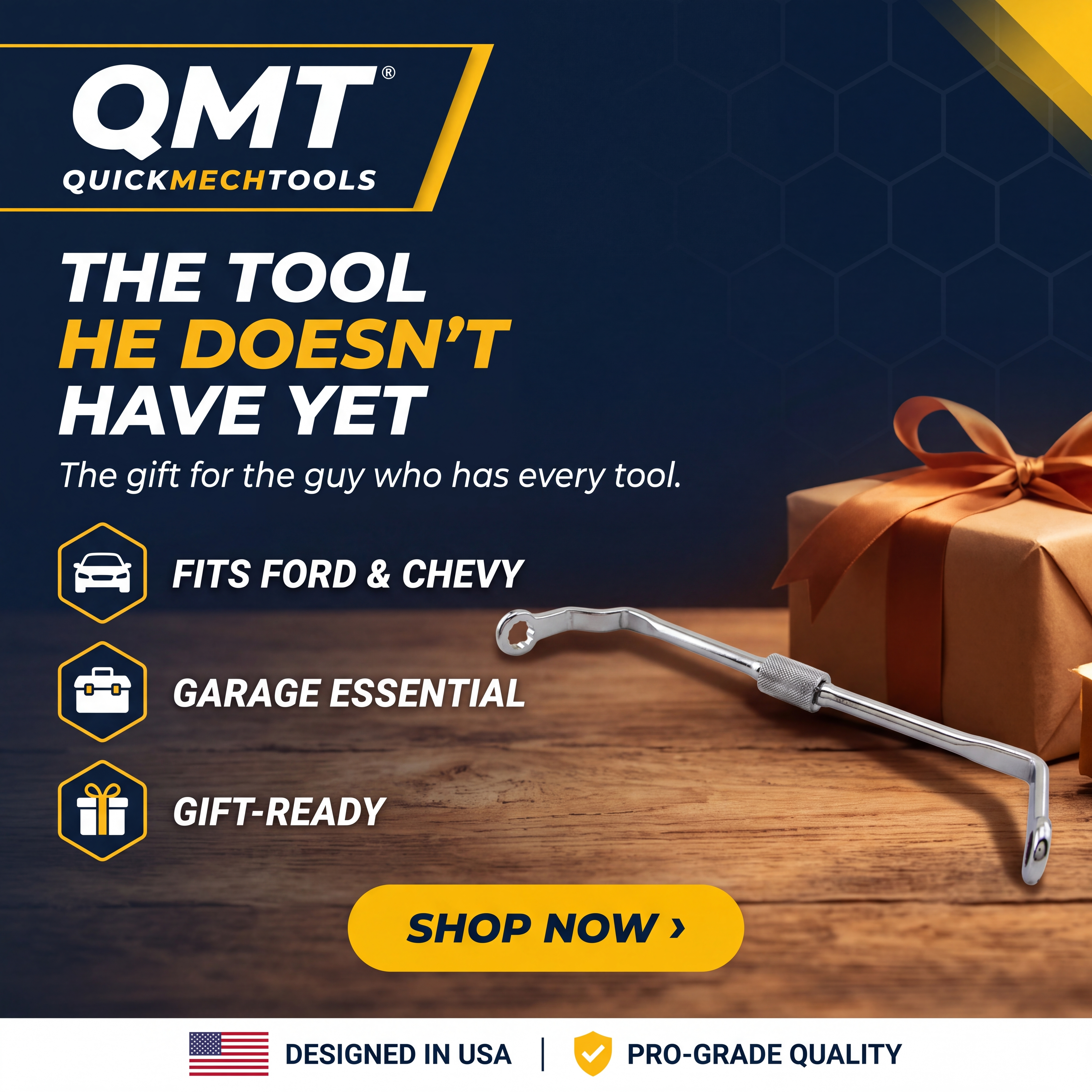 QuickMech distributor clamp wrench resting on wooden workbench as a Father's Day gift for classic Ford and Chevy owners