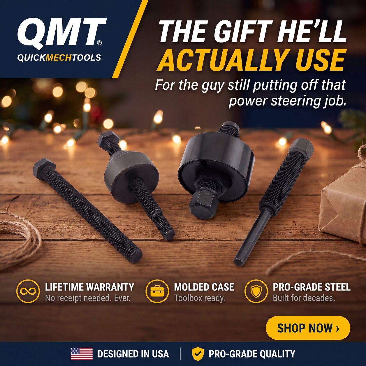 QuickMech pulley puller installer kit gift for DIY mechanic dad with lifetime warranty and molded case