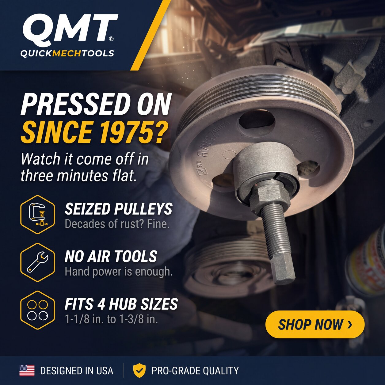 QuickMech pulley puller removing seized pulley pressed on since 1975 from classic car power steering pump