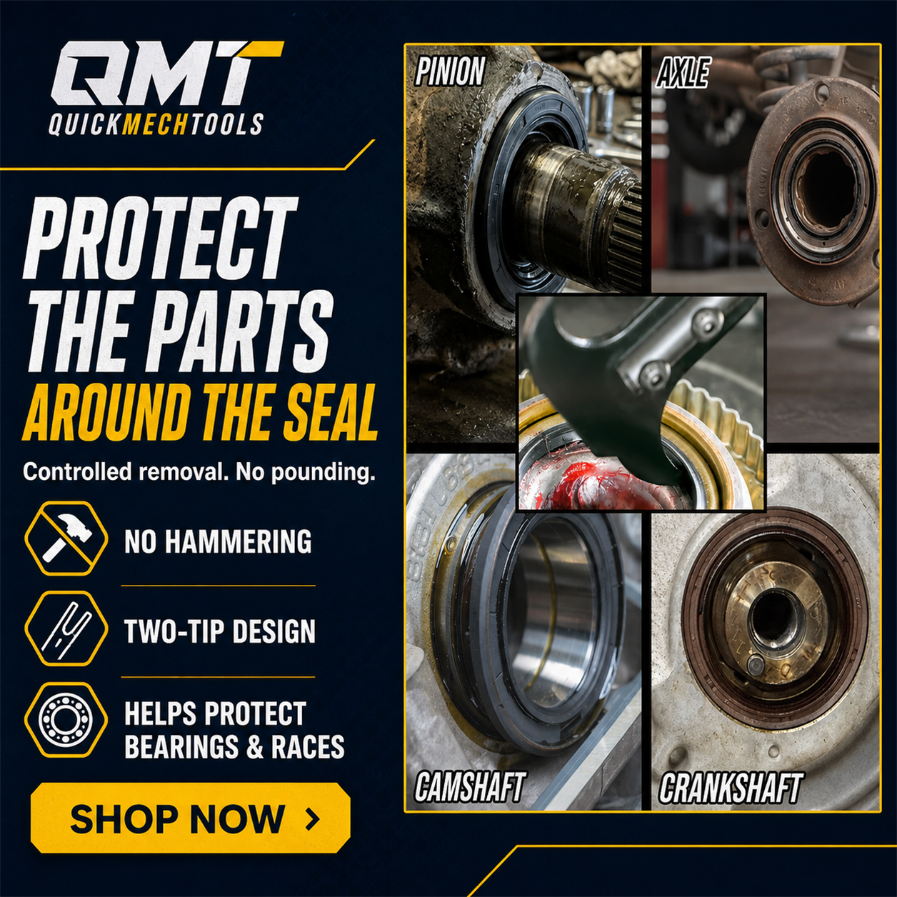 QuickMech Seal Puller ad showing pinion, axle, camshaft and crankshaft seal service applications