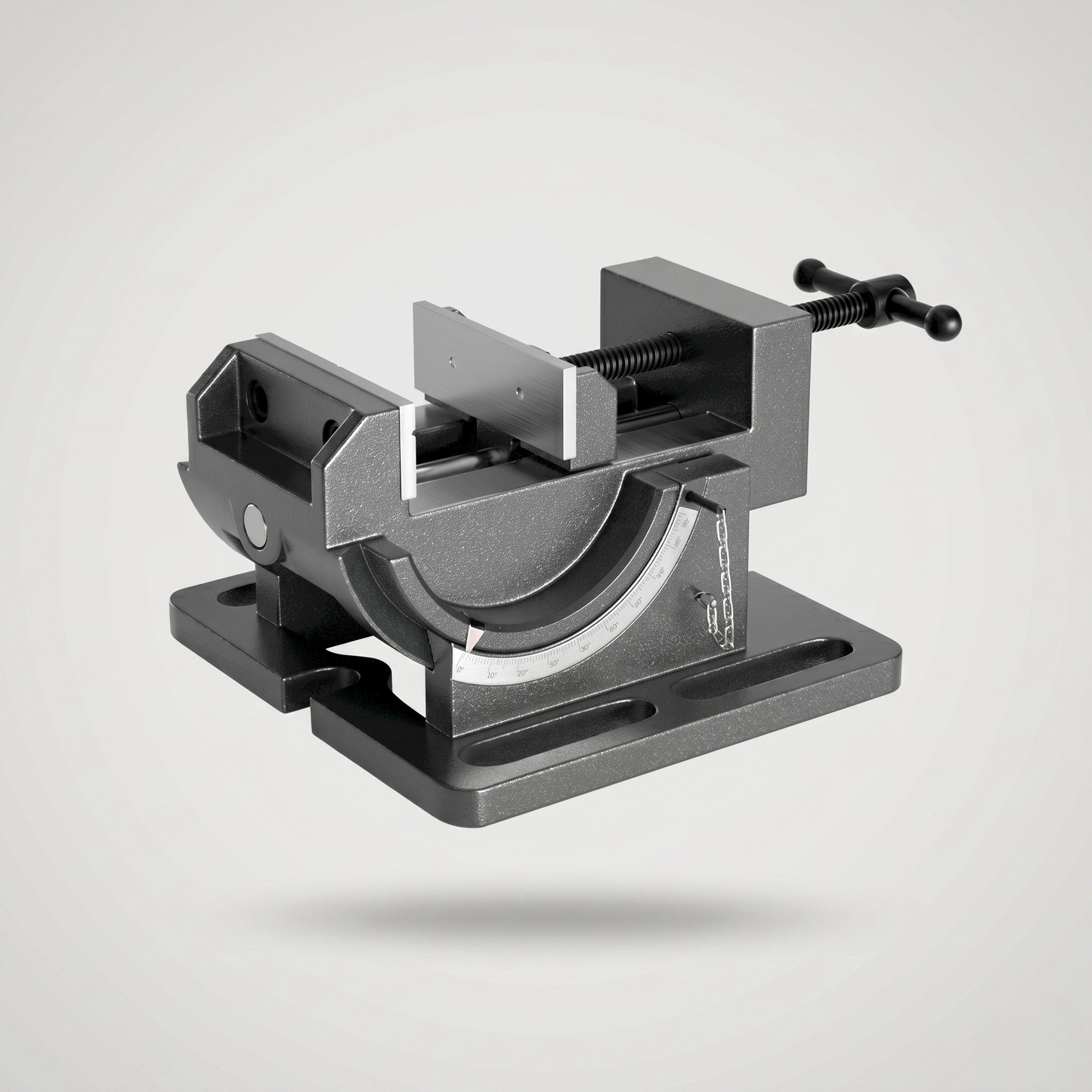 Heavy-duty 0-90 degree tilting angle drill press vise with cast iron body, integrated protractor scale, and dual guide rod system for precision angled drilling