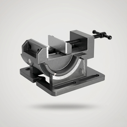 Heavy-duty 0-90 degree tilting angle drill press vise with cast iron body, integrated protractor scale, and dual guide rod system for precision angled drilling