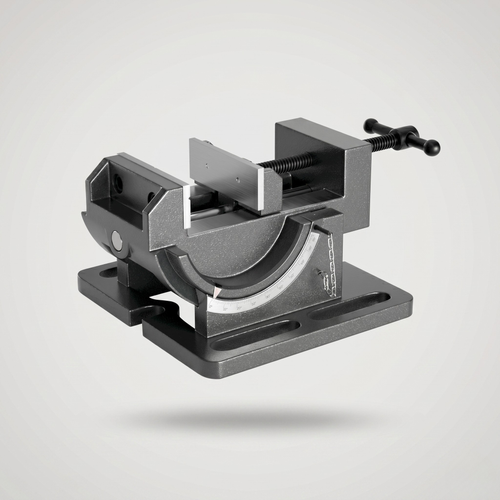 Heavy-duty 0-90 degree tilting angle drill press vise with cast iron body, integrated protractor scale, and dual guide rod system for precision angled drilling