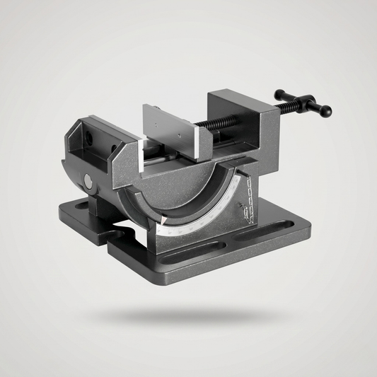 Heavy-duty 0-90 degree tilting angle drill press vise with cast iron body, integrated protractor scale, and dual guide rod system for precision angled drilling