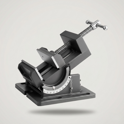 Top-down view of tilting angle vise showing universal slotted mounting holes compatible with drill press tables and workbenches